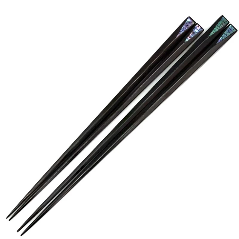 【送料無料】山中塗　縞黒檀六角持ち手六角天三角削り青貝貼り　夫婦箸セット【桐箱入】 3枚目