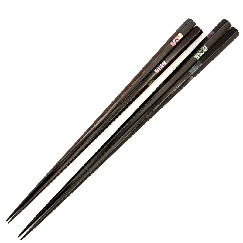 【送料無料】山中塗　縞黒檀五角持ち手青貝　割貝螺旋貼り　夫婦箸セット【桐箱入】 3枚目