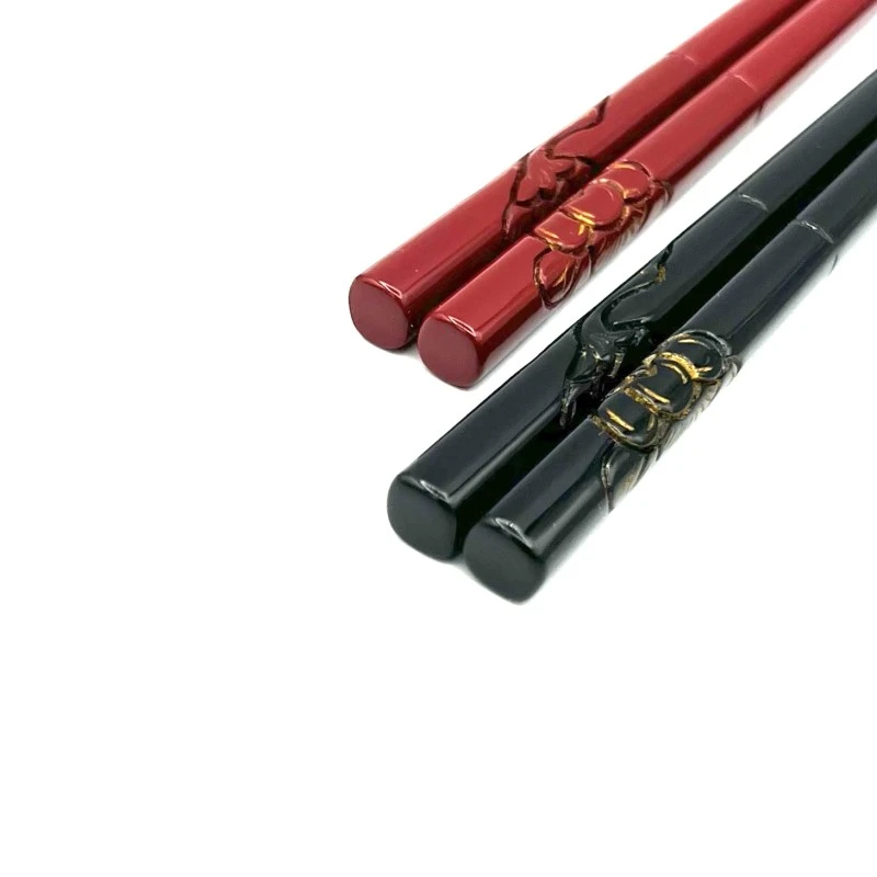 【送料無料】村上木彫堆朱箸　先乾漆　鶴梅　堆黒・堆朱　夫婦箸セット【桐箱入】 2枚目