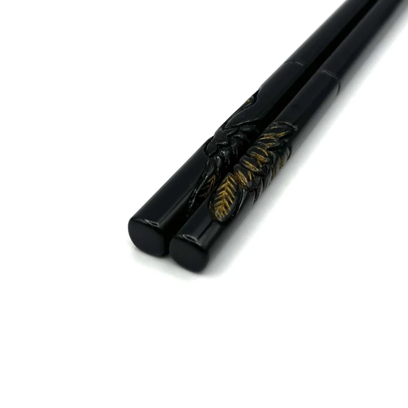 村上木彫堆朱箸　先乾漆　鶴菊　堆黒(大) 2枚目