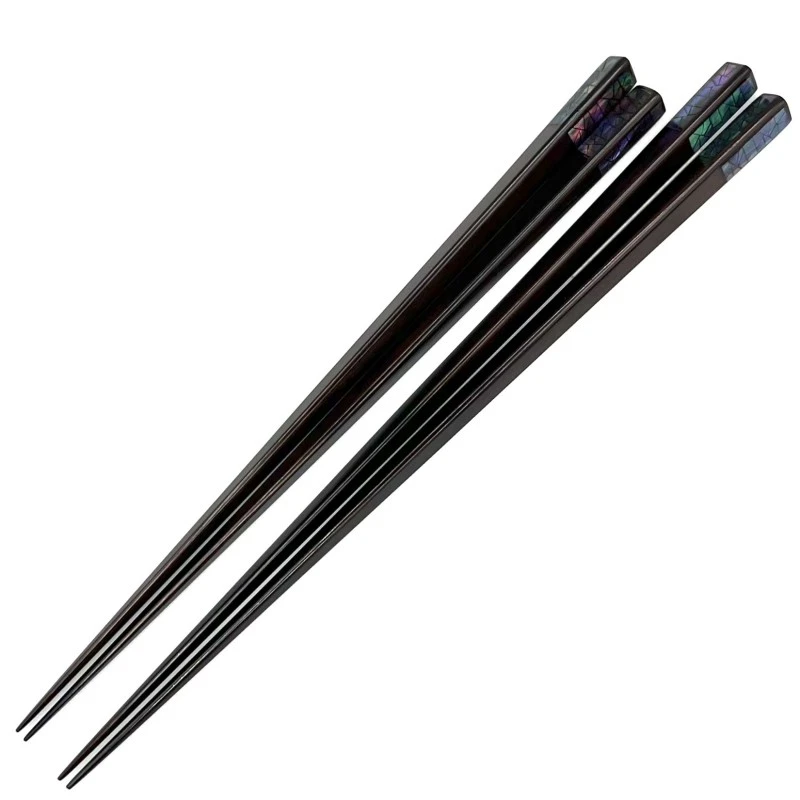 【送料無料】山中塗　縞黒檀面取り持ち手三角削り青貝一枚　夫婦箸セット【桐箱入】 3枚目