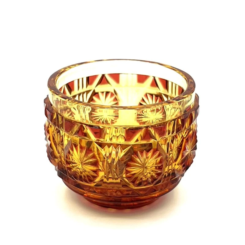薩摩切子　猪口籠目(赤金アンバー)