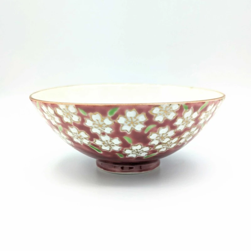 京清水焼　飯碗　色絵桜レッド