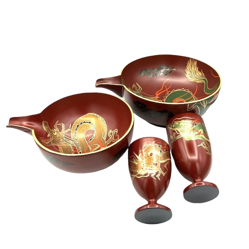 会津塗　銀朱水龍蒔絵　酒器セット　片口(大/中) カップ(大/中) 