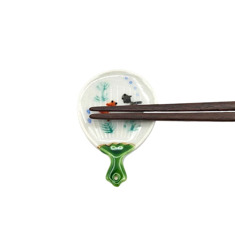 京焼　箸置　うちわ金魚(緑) 2枚目