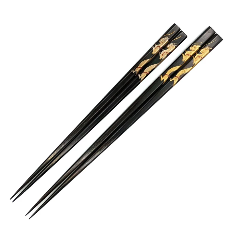 【送料無料】山中塗　縞黒檀四角　龍蒔絵　　夫婦箸セット【桐箱入】 1枚目