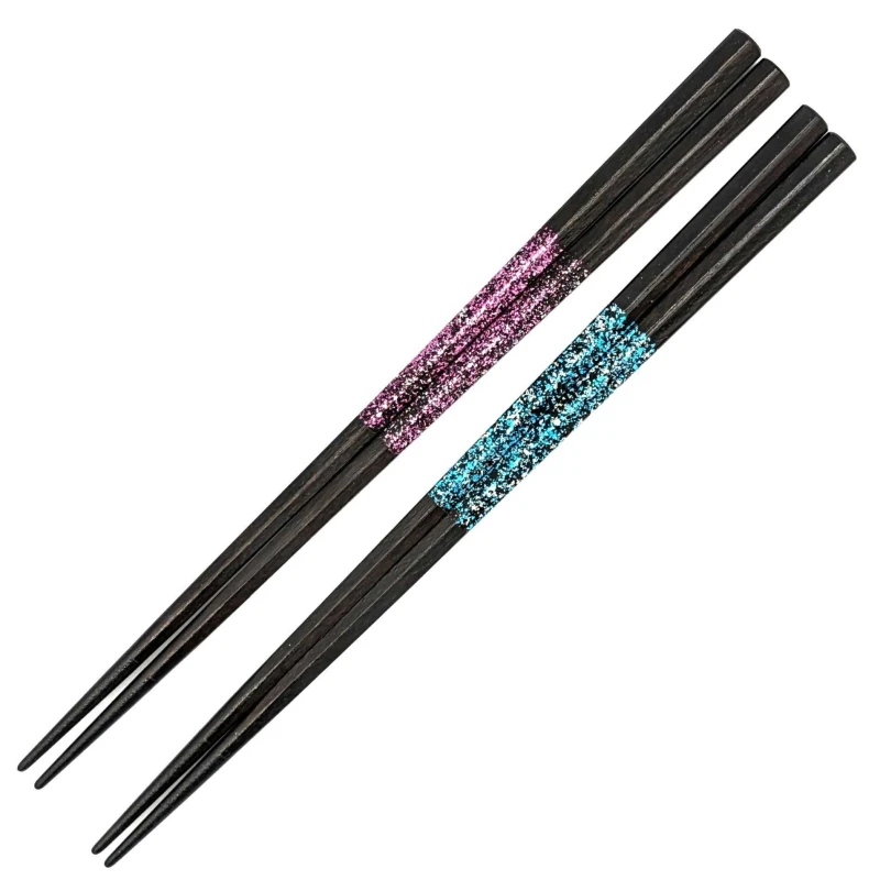 【送料無料】越前漆器　食洗対応　六角先石目青/桃銀箔　夫婦箸セット【桐箱入】 1枚目