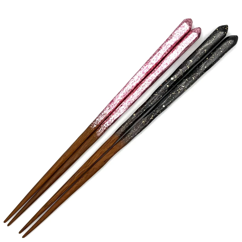 【送料無料】京西陣模様箔　削り箸　黒・桃　夫婦箸セット【桐箱入】 3枚目