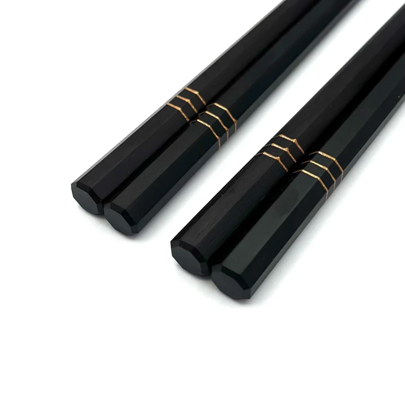 【送料無料】総八角黒檀　金三本線　25cm　夫婦箸セット【桐箱入】 2枚目