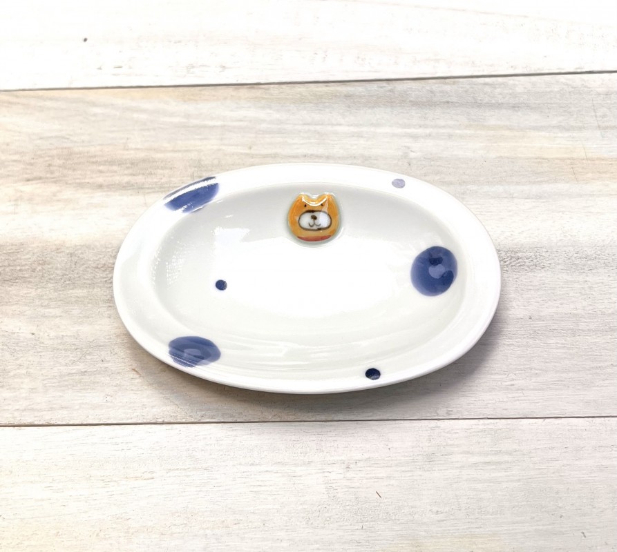 アニマルドット　犬　(青)　楕円小皿