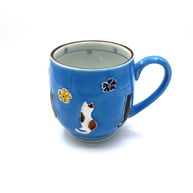 京焼　マグカップ　交趾　花ねこ(青)