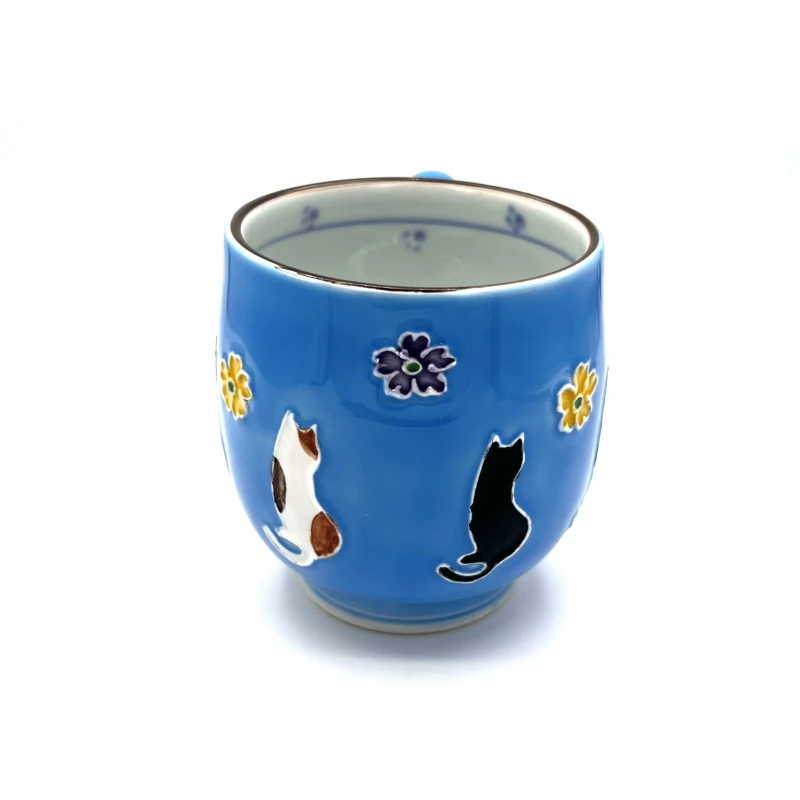 京焼　マグカップ　交趾　花ねこ(青) 2枚目