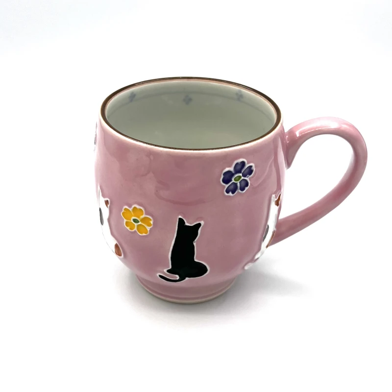 京焼　マグカップ　交趾　花ねこ(ピンク)