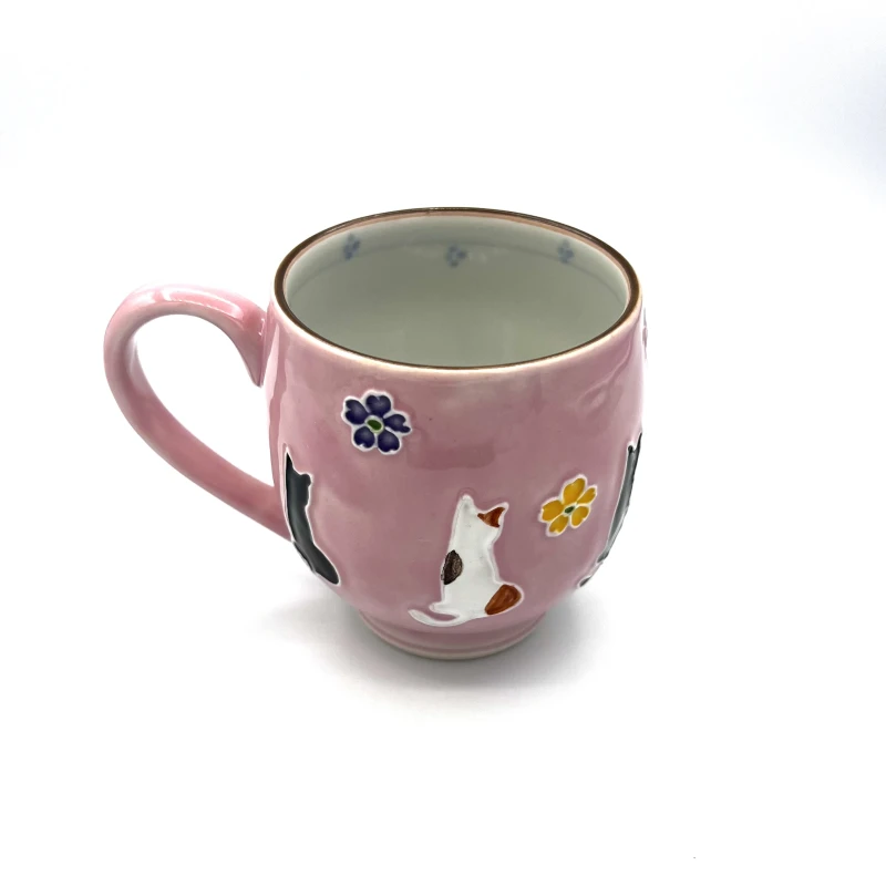 京焼　マグカップ　交趾　花ねこ(ピンク) 3枚目