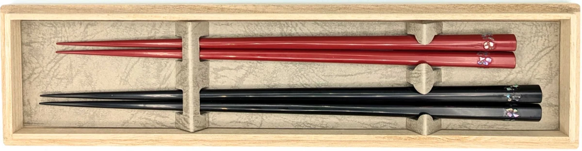 【送料無料】山中塗　五角塗箸持ち手貝二段貼り　夫婦箸セット【桐箱入】