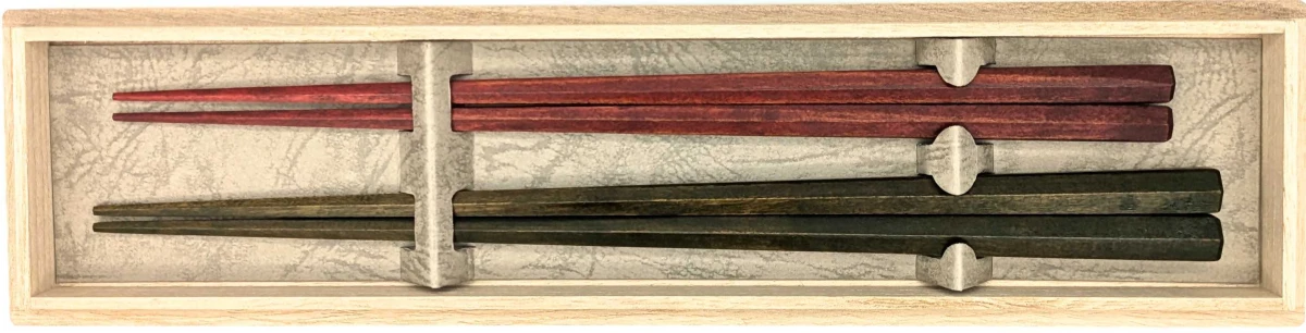 【送料無料】六角 オリーブウッド オリーブ色漆スリ・ミズメザクラ 朱スリ 夫婦箸セット【桐箱入】