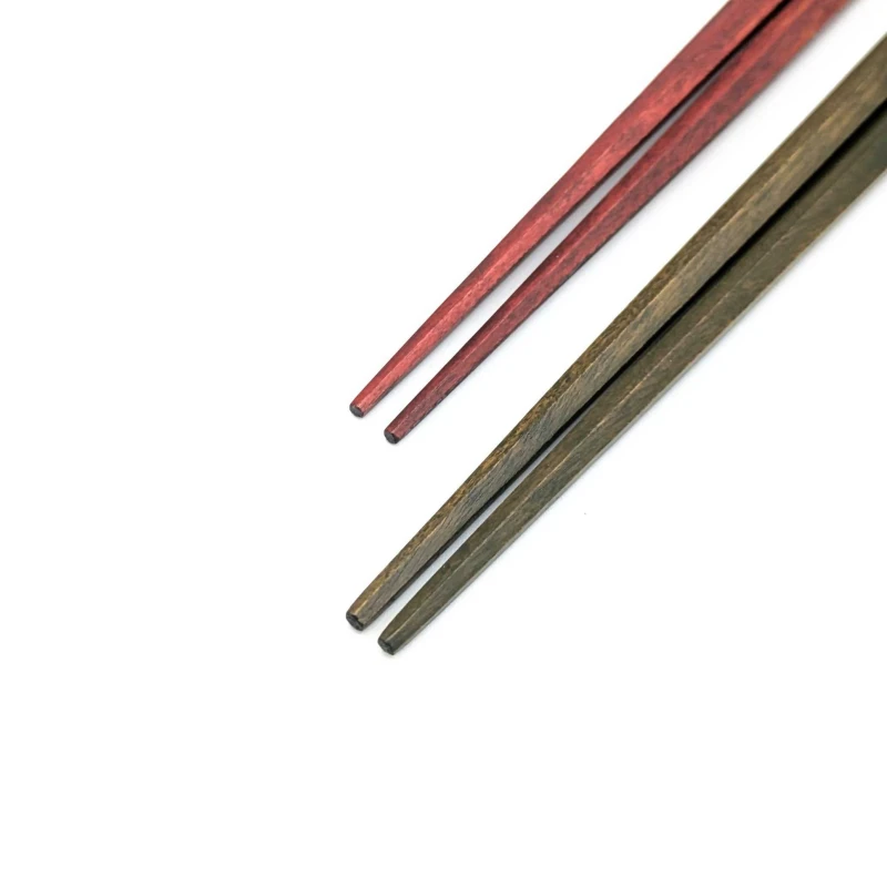 【送料無料】六角　オリーブウッド　オリーブ色漆スリ・ミズメザクラ　朱スリ　夫婦箸セット【桐箱入】 1枚目