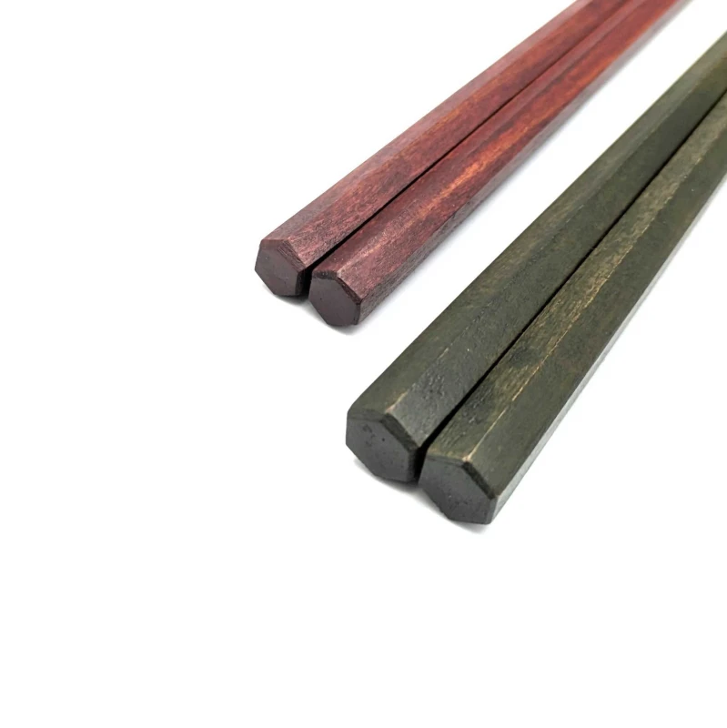 【送料無料】六角　オリーブウッド　オリーブ色漆スリ・ミズメザクラ　朱スリ　夫婦箸セット【桐箱入】 2枚目