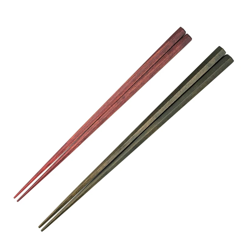 【送料無料】六角　オリーブウッド　オリーブ色漆スリ・ミズメザクラ　朱スリ　夫婦箸セット【桐箱入】 3枚目