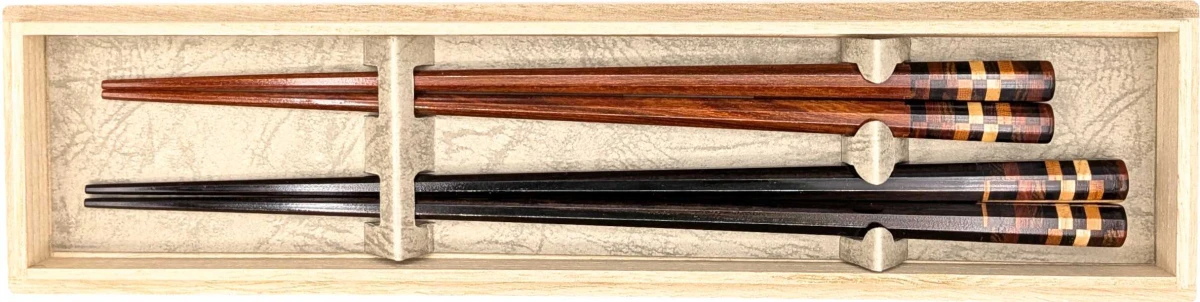 【送料無料】寄せ木入り八角箸　黒檀・紫檀　夫婦箸セット【桐箱入】