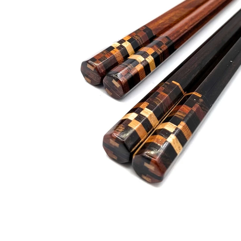 【送料無料】寄せ木入り八角箸　黒檀・紫檀　夫婦箸セット【桐箱入】 2枚目