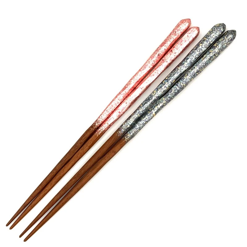 【送料無料】京西陣模様箔　削り箸　青・桃　夫婦箸セット【桐箱入】 3枚目
